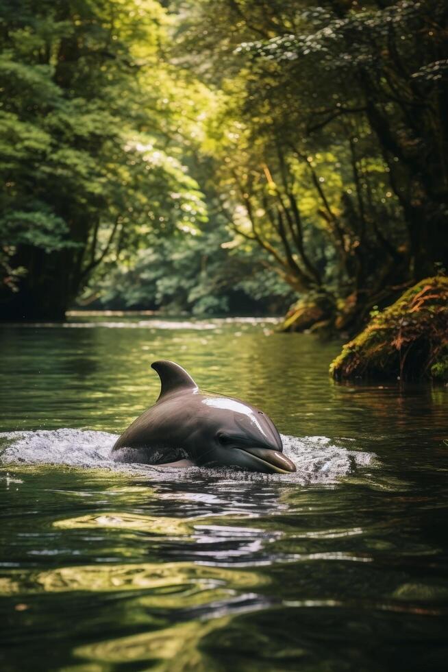 Dolphin swimming in lush green forest river photo