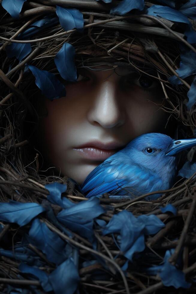 Sleeping beauty in a nest of blue feathers photo