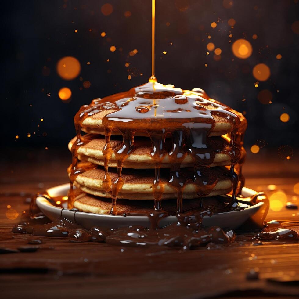 Delicious stacked pancakes with dripping golden syrup photo