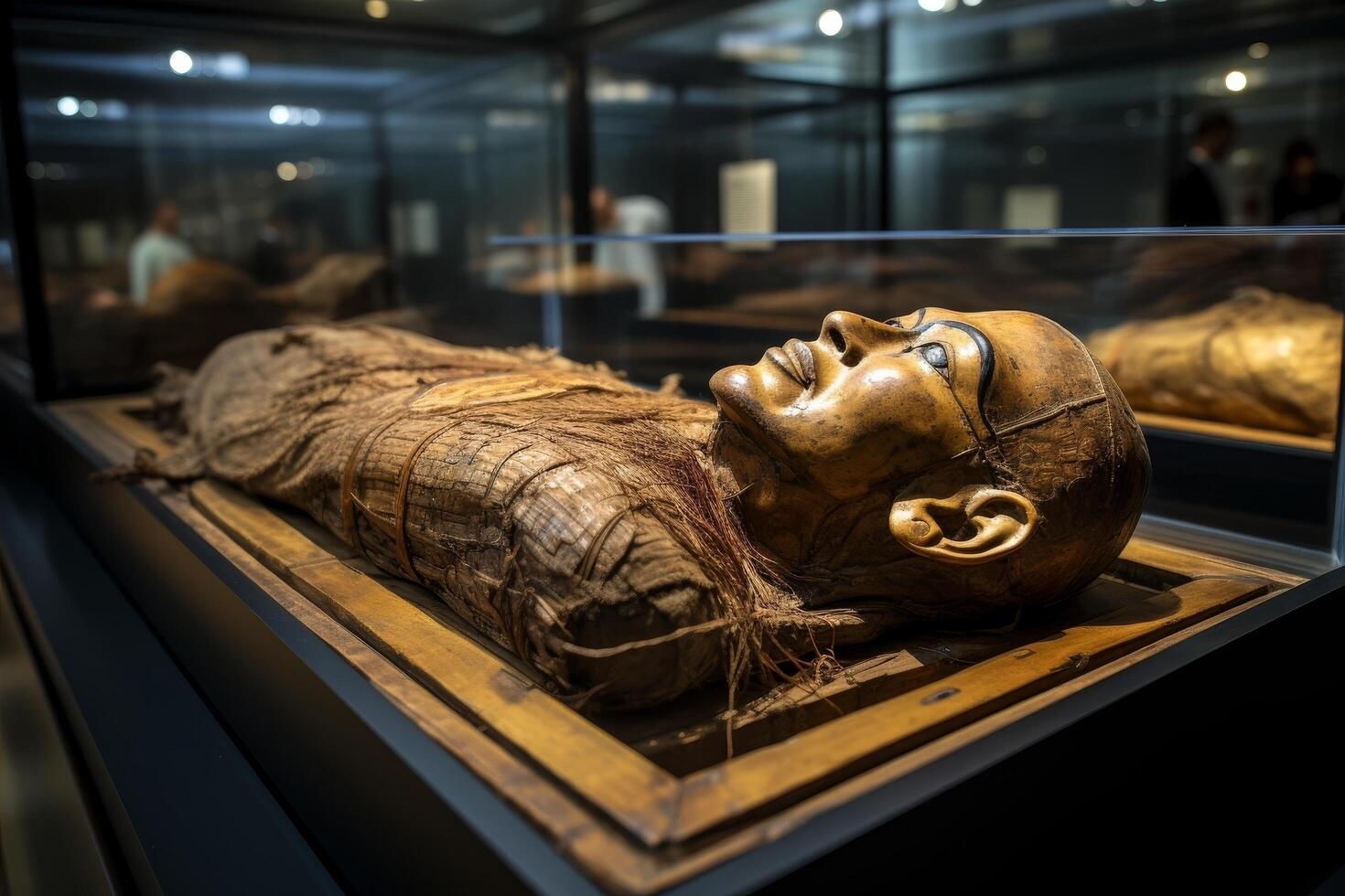 ancient egyptian mummy in glass display case photo