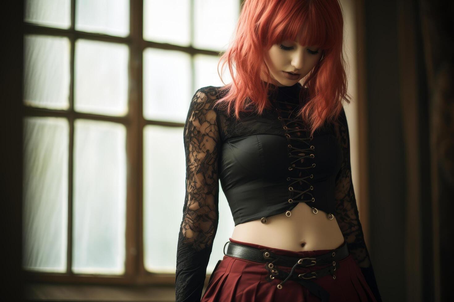 Mysterious woman with vibrant red hair and dark attire photo