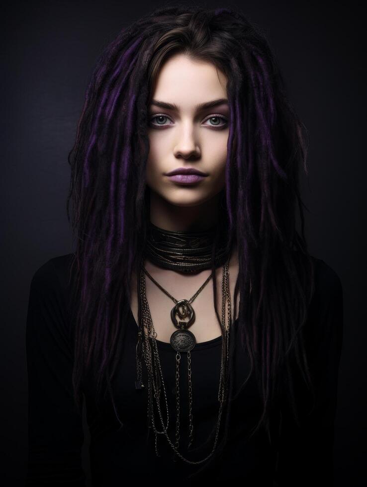 dark and mysterious woman with dreadlocks and gothic jewelry photo
