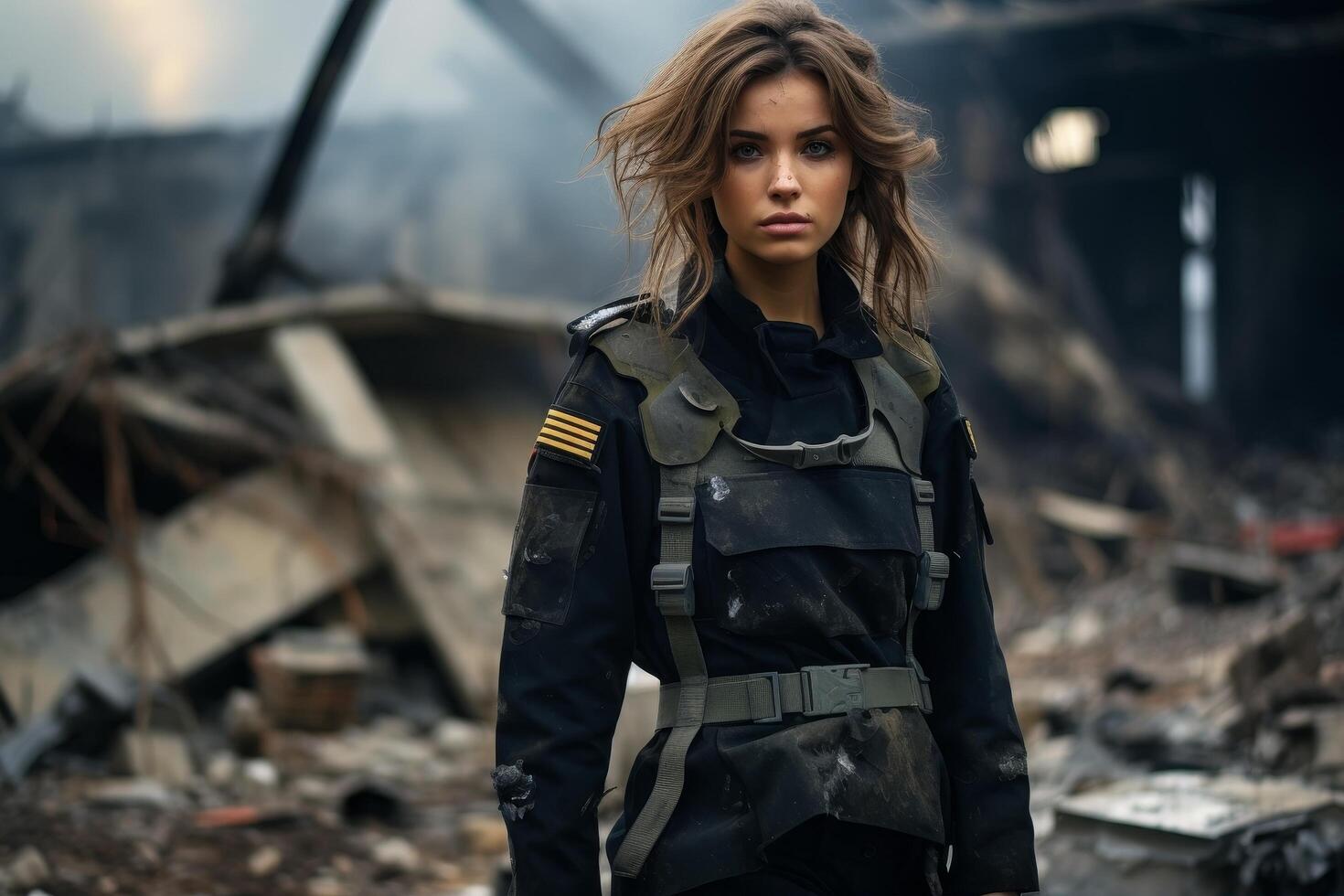 woman in military uniform standing in destroyed environment photo
