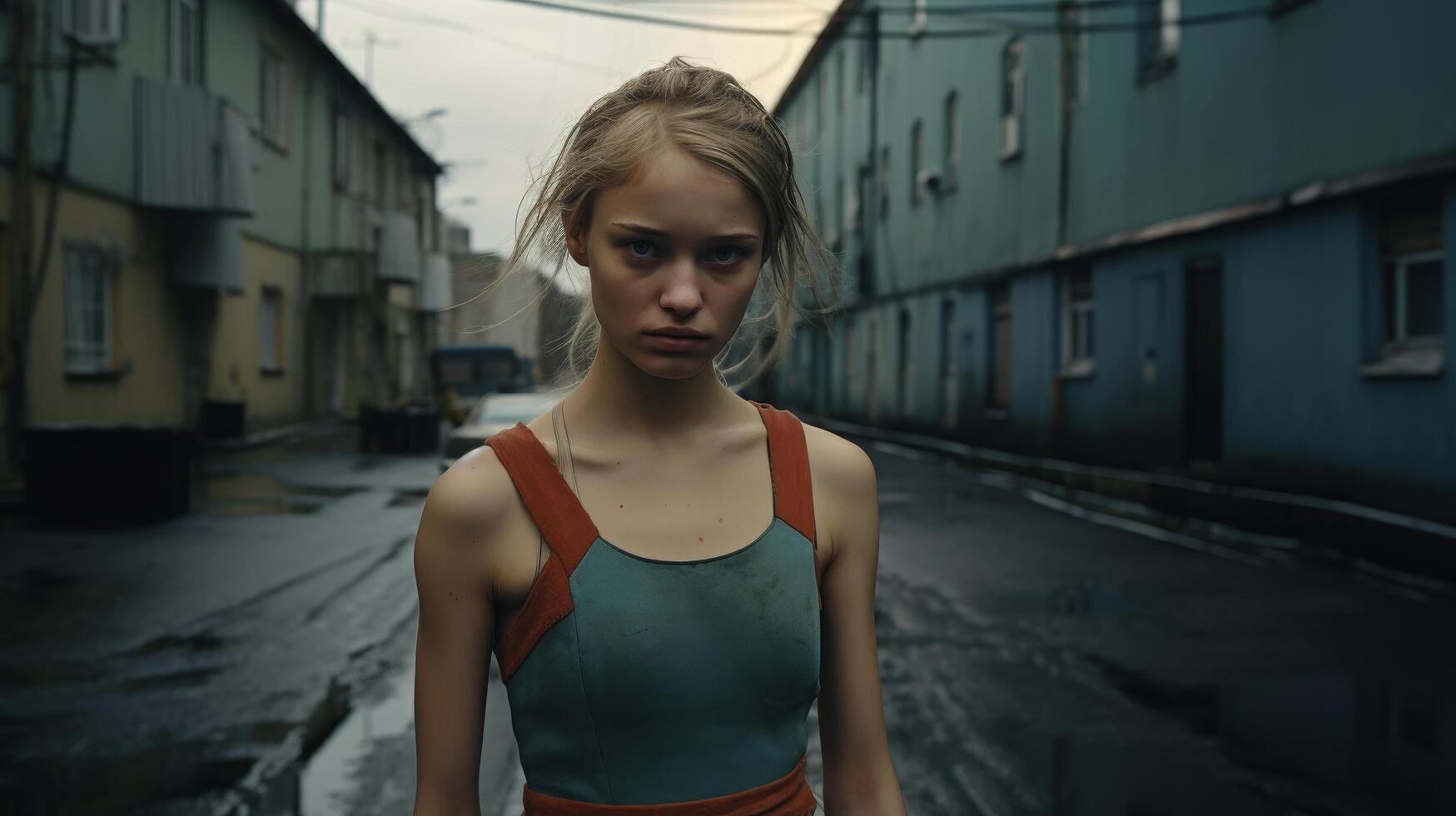 Pensive young woman standing in urban alley photo