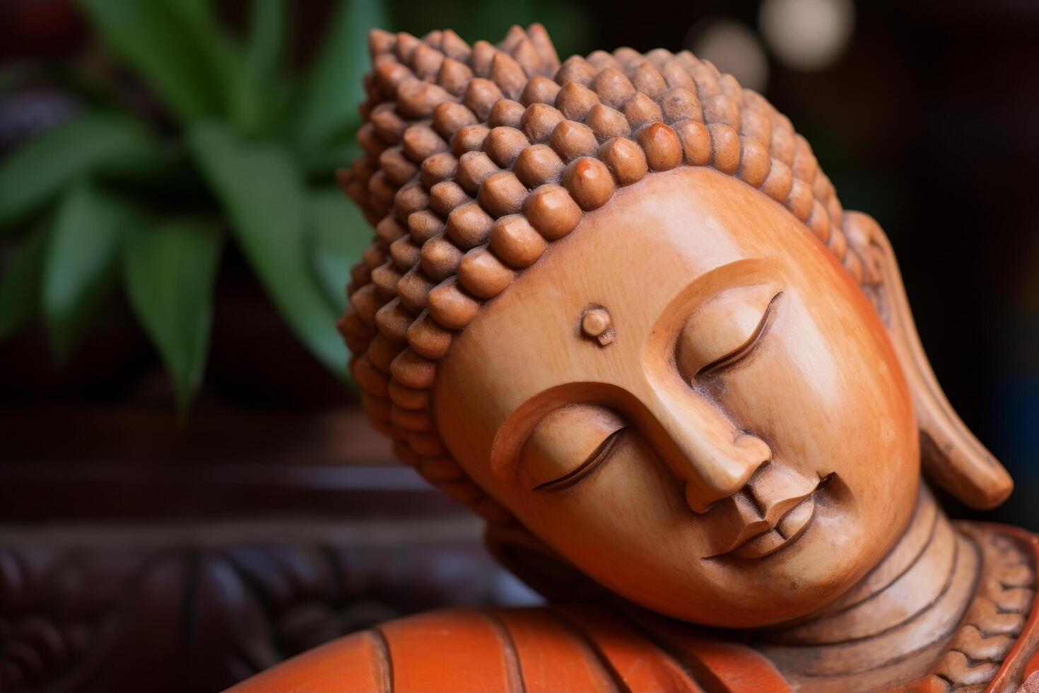 Closeup of a wooden buddha statue with eyes closed photo