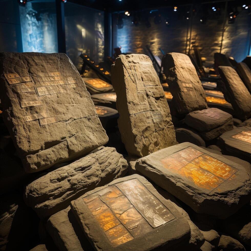 ancient stone tablets with carved symbols in a dimly lit museum display photo