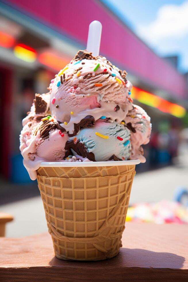 Colorful ice cream sundae in a waffle cone photo