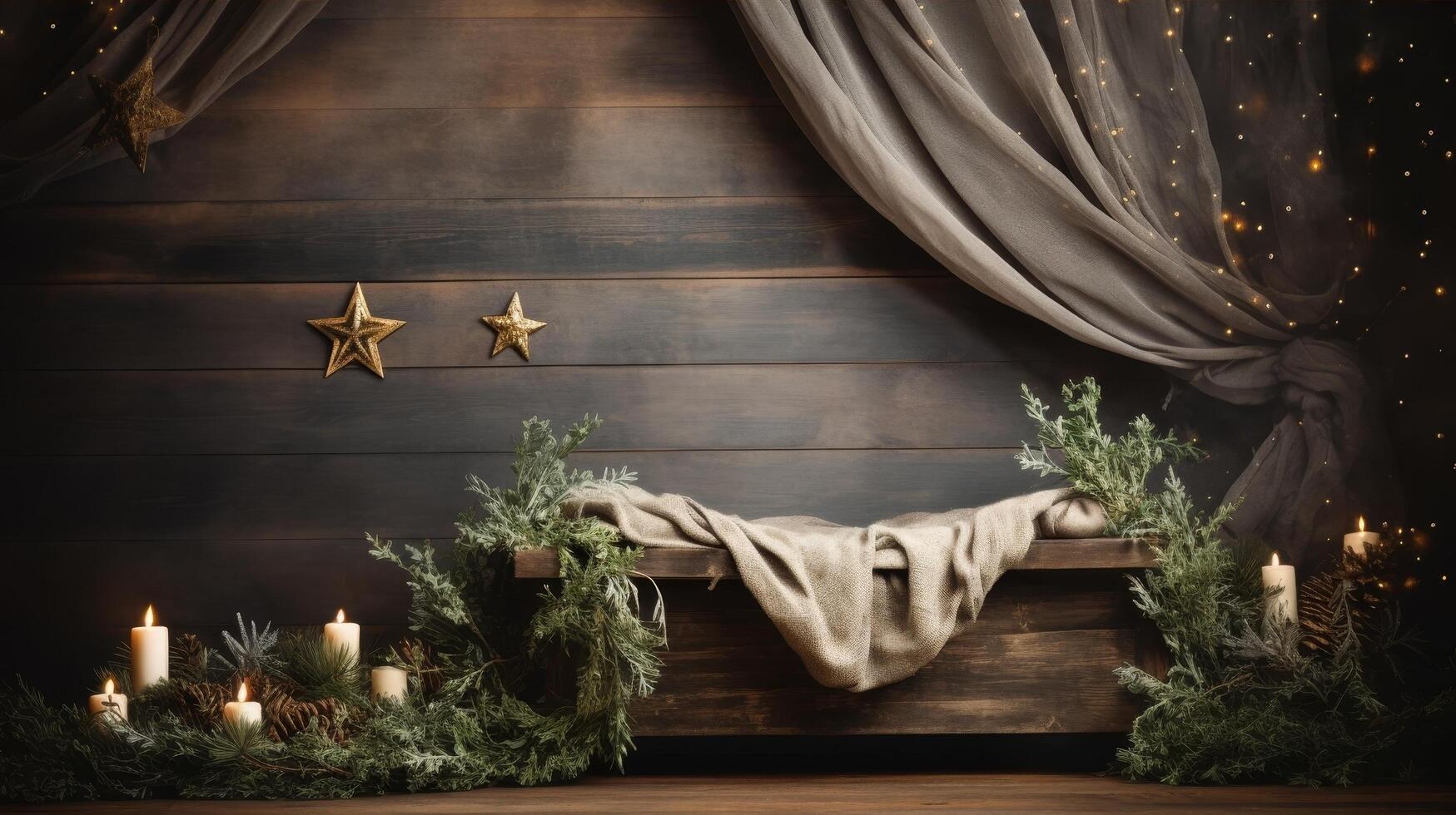 cozy christmas scene with wooden bench, greenery, and candles photo
