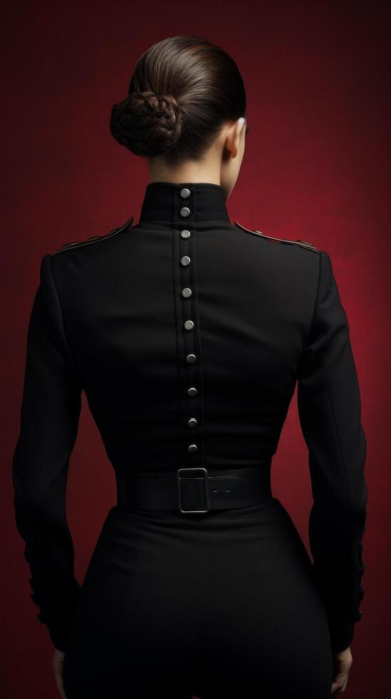 Elegant woman in black uniform with braided hairstyle photo