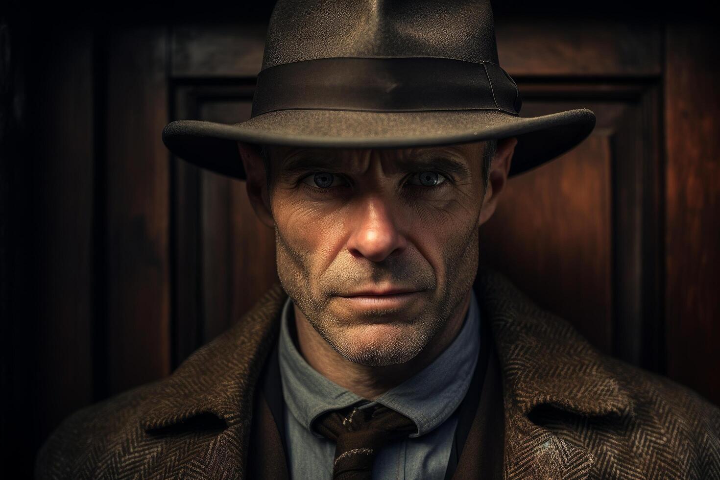 Serious man in hat and coat looking intently photo