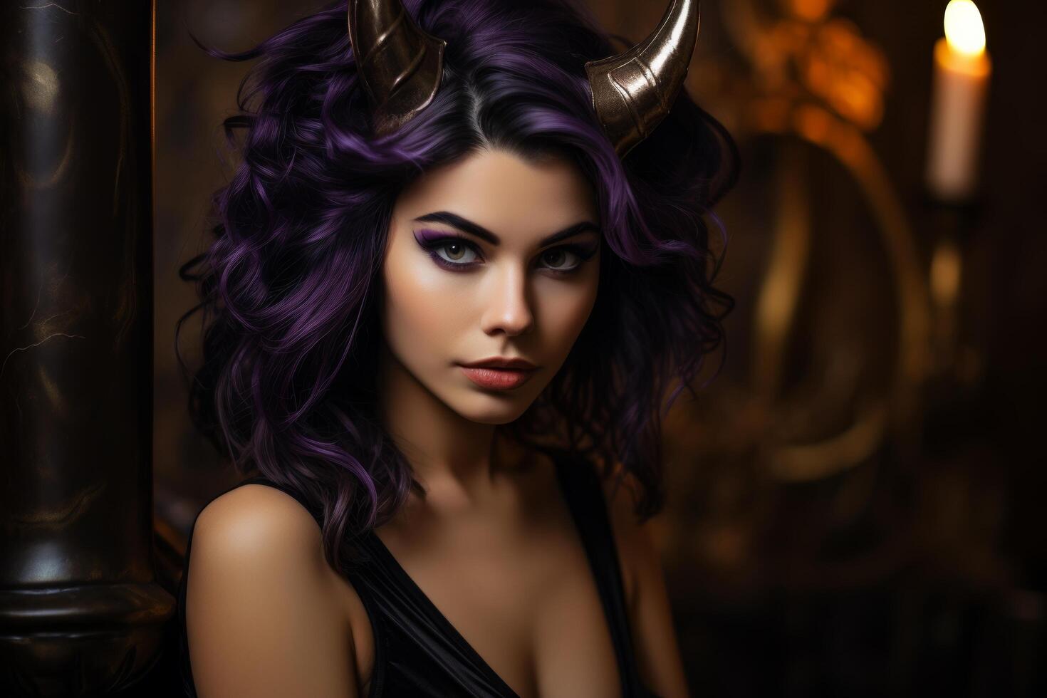 mysterious woman with horns and purple hair photo