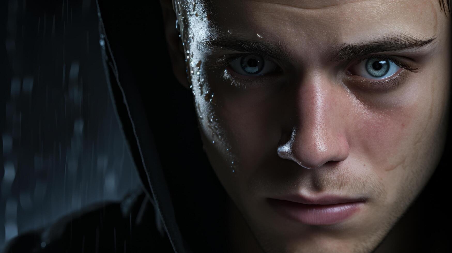 Close up portrait of a serious young man with intense blue eyes photo