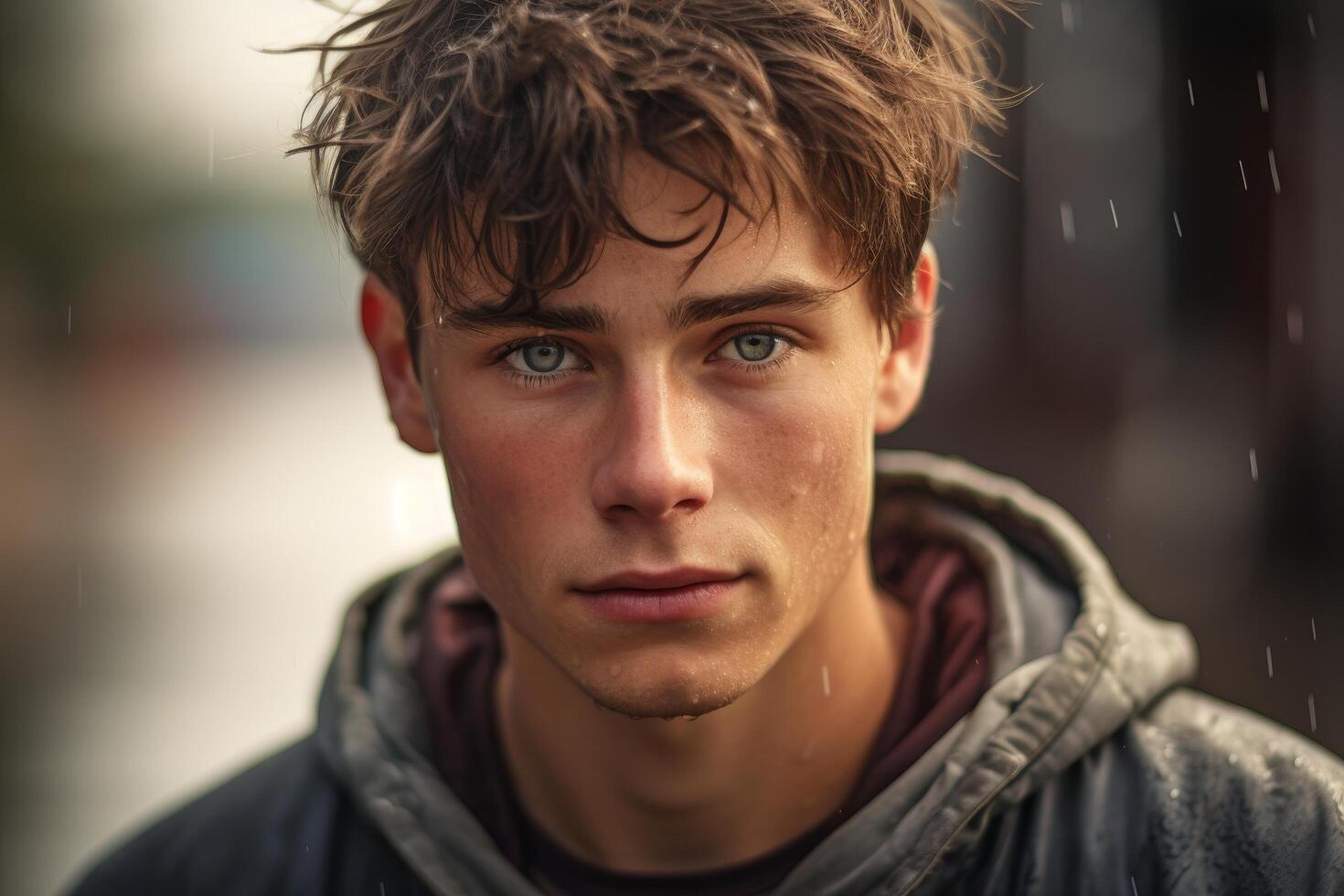 Pensive young man with windswept hair photo