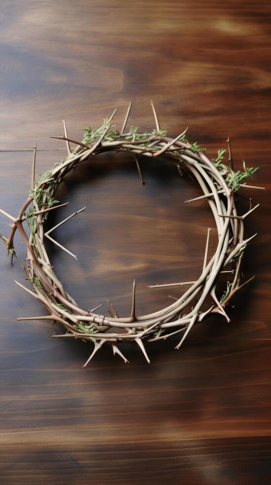 crown of thorns on wooden background photo
