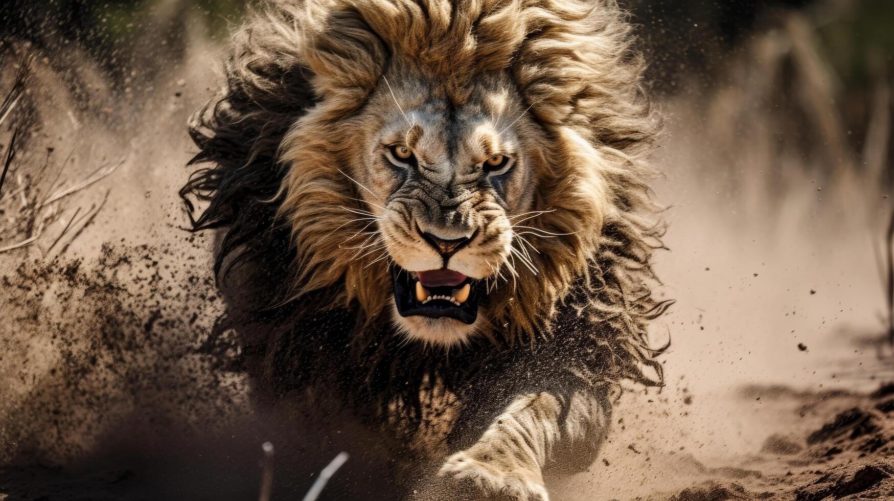 Powerful lion roaring in the wilderness photo
