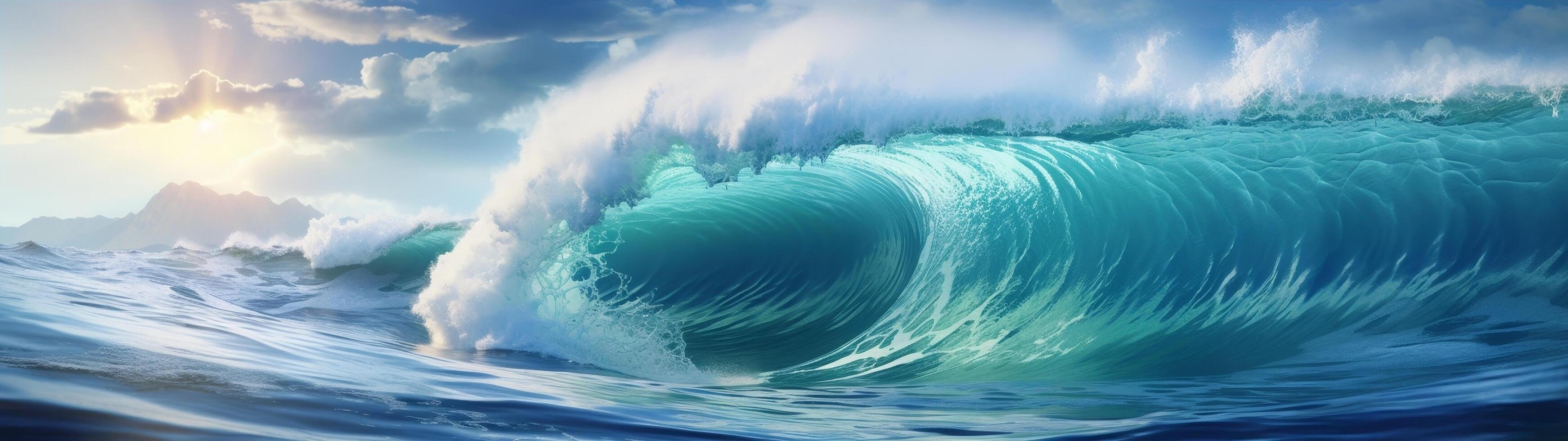 Powerful ocean wave crashing against the shore photo