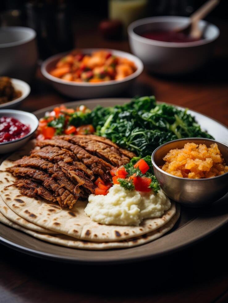 Delicious Middle Eastern Meal with Grilled Meat, Vegetables, and Dips photo