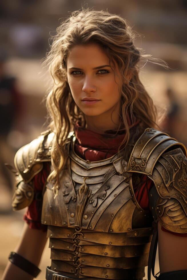 Warrior woman in medieval armor photo