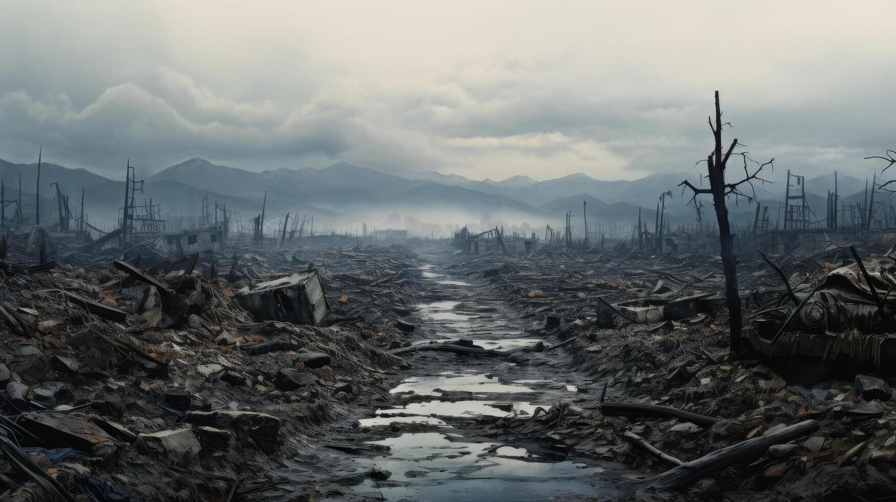 Desolate post apocalyptic landscape with mountains in the distance photo