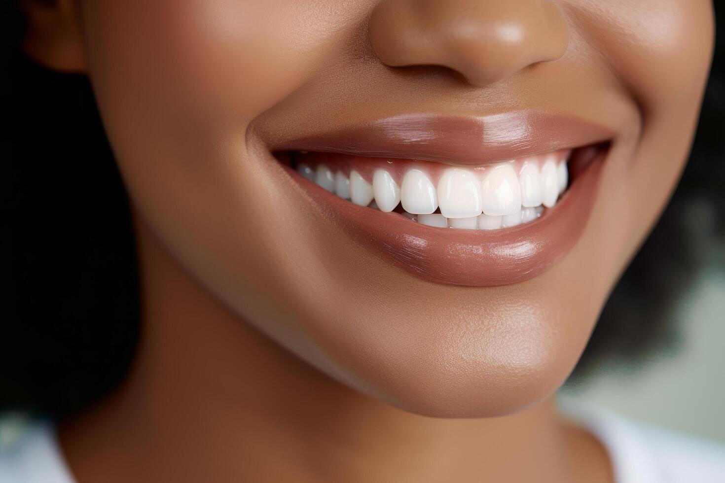 Close up of a persons smiling mouth with white teeth photo