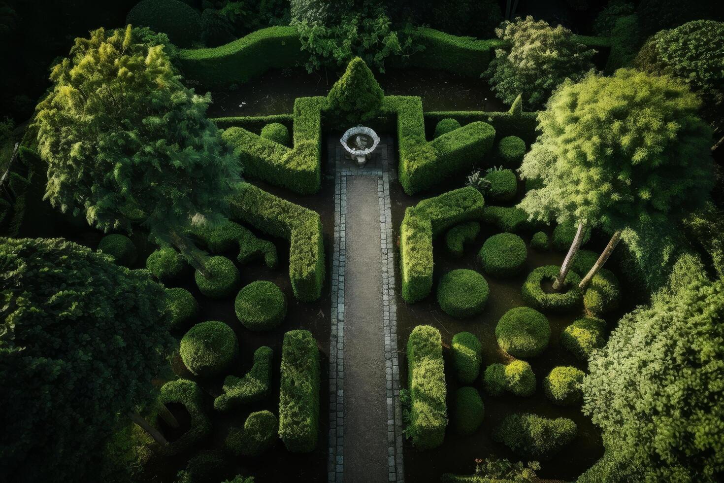 Lush green garden with winding path photo