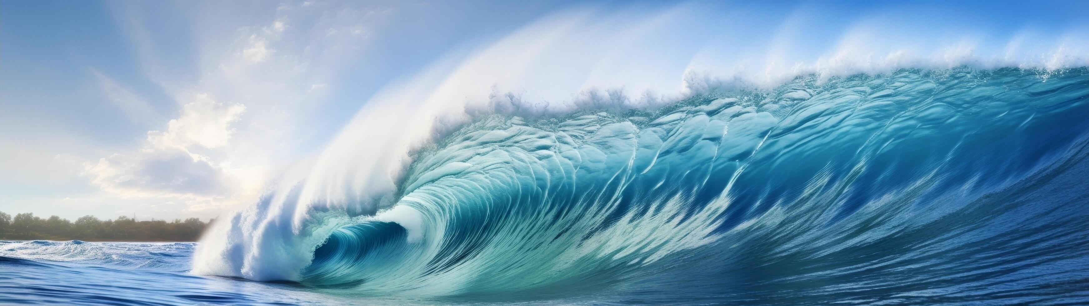 Powerful ocean wave crashing on the shore photo