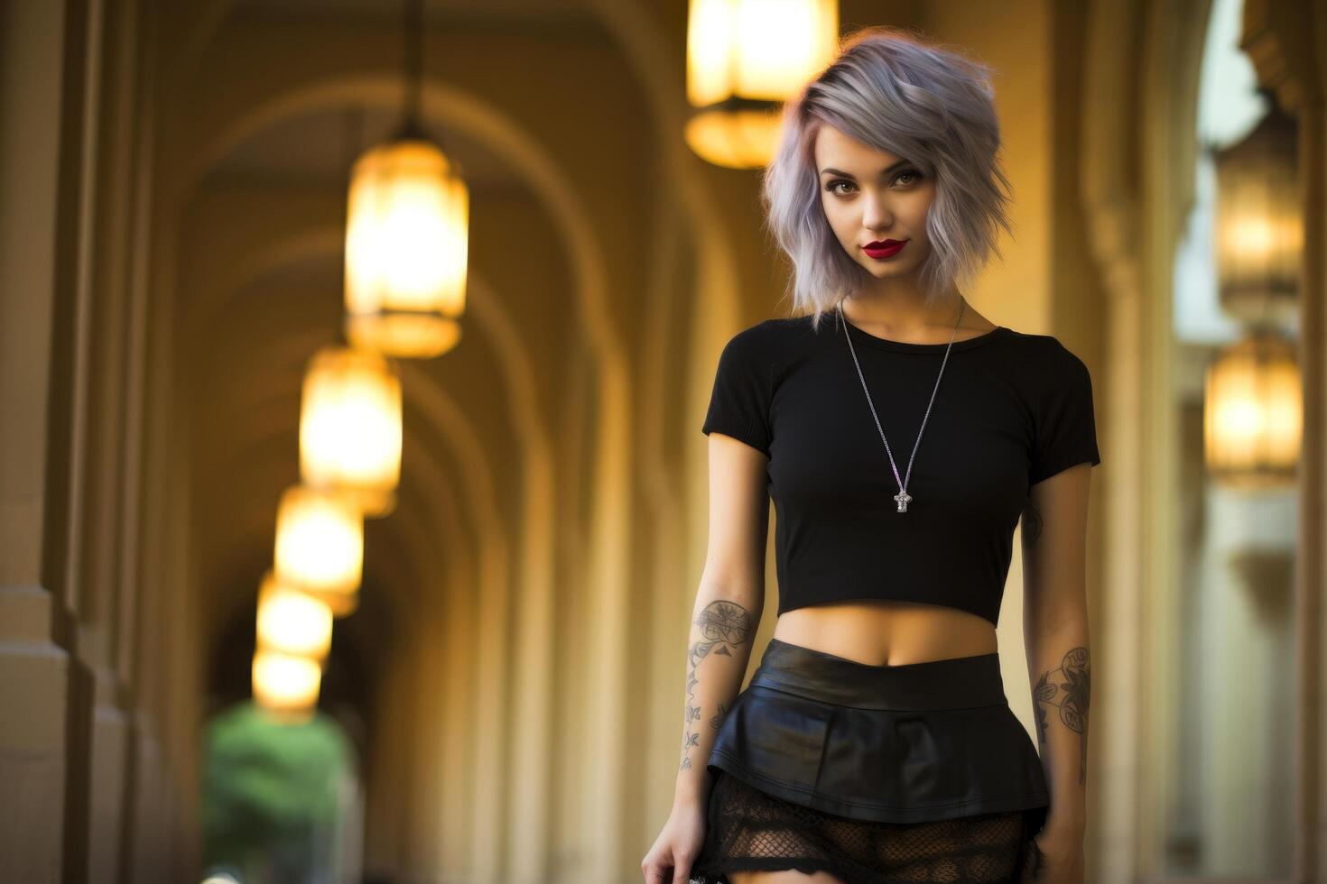 stylish woman with tattoos and dyed hair posing in dimly lit hallway photo