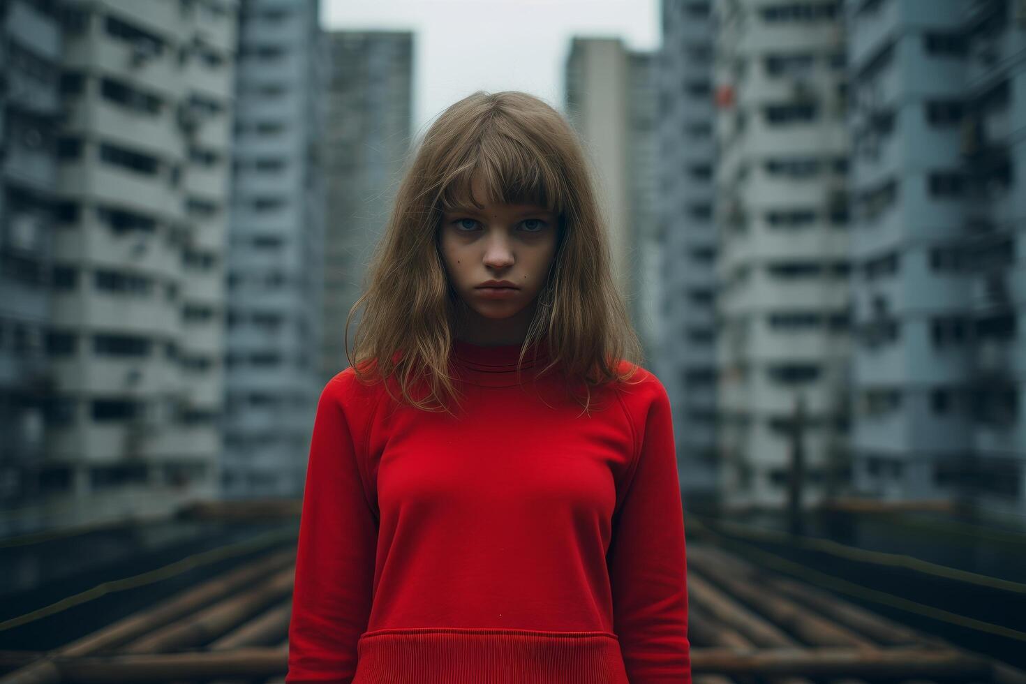 young woman in red sweater standing in urban environment photo