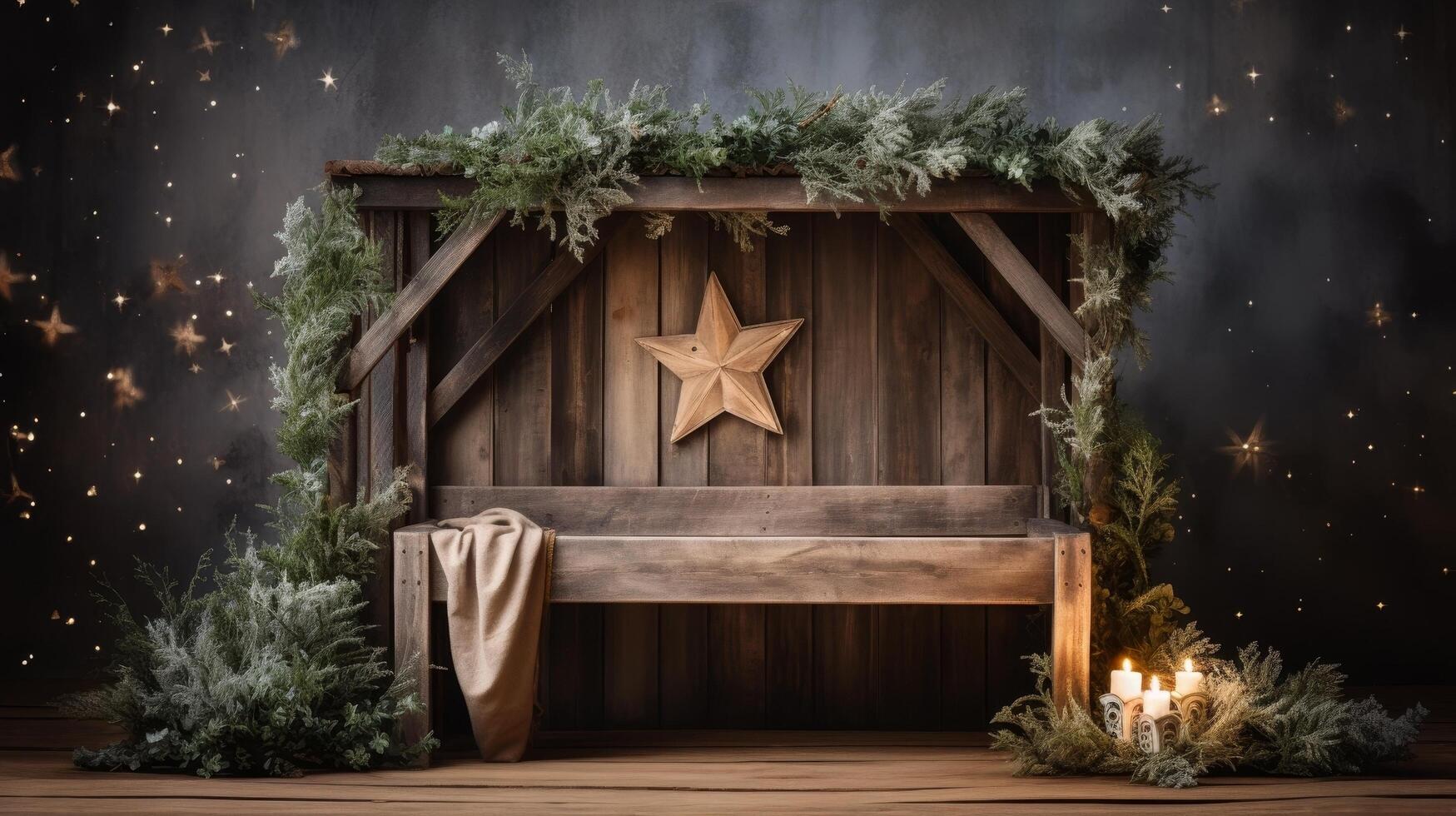 Rustic Christmas nativity scene with wooden manger and star photo