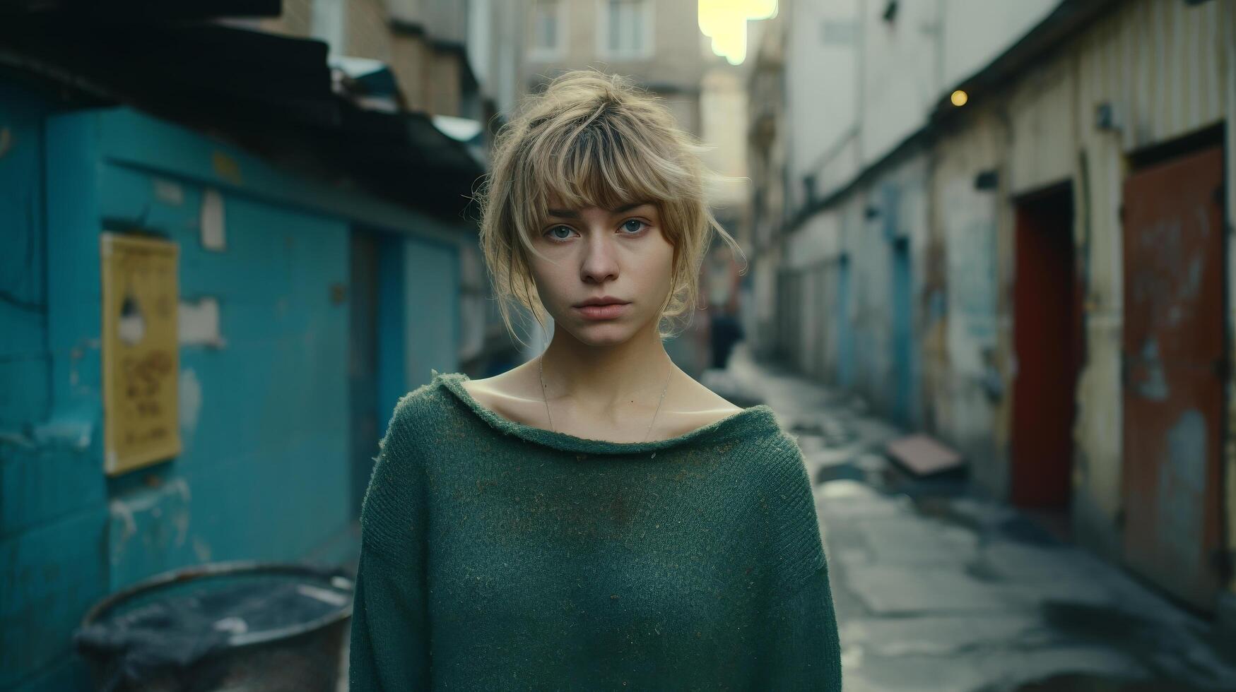 young woman in green sweater standing in alley photo