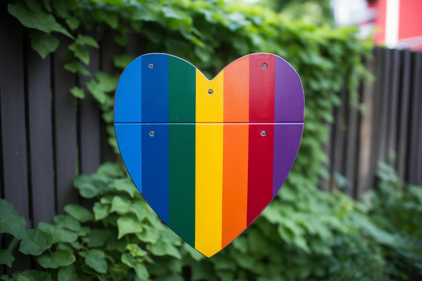 Colorful heart shaped wooden sign in garden photo