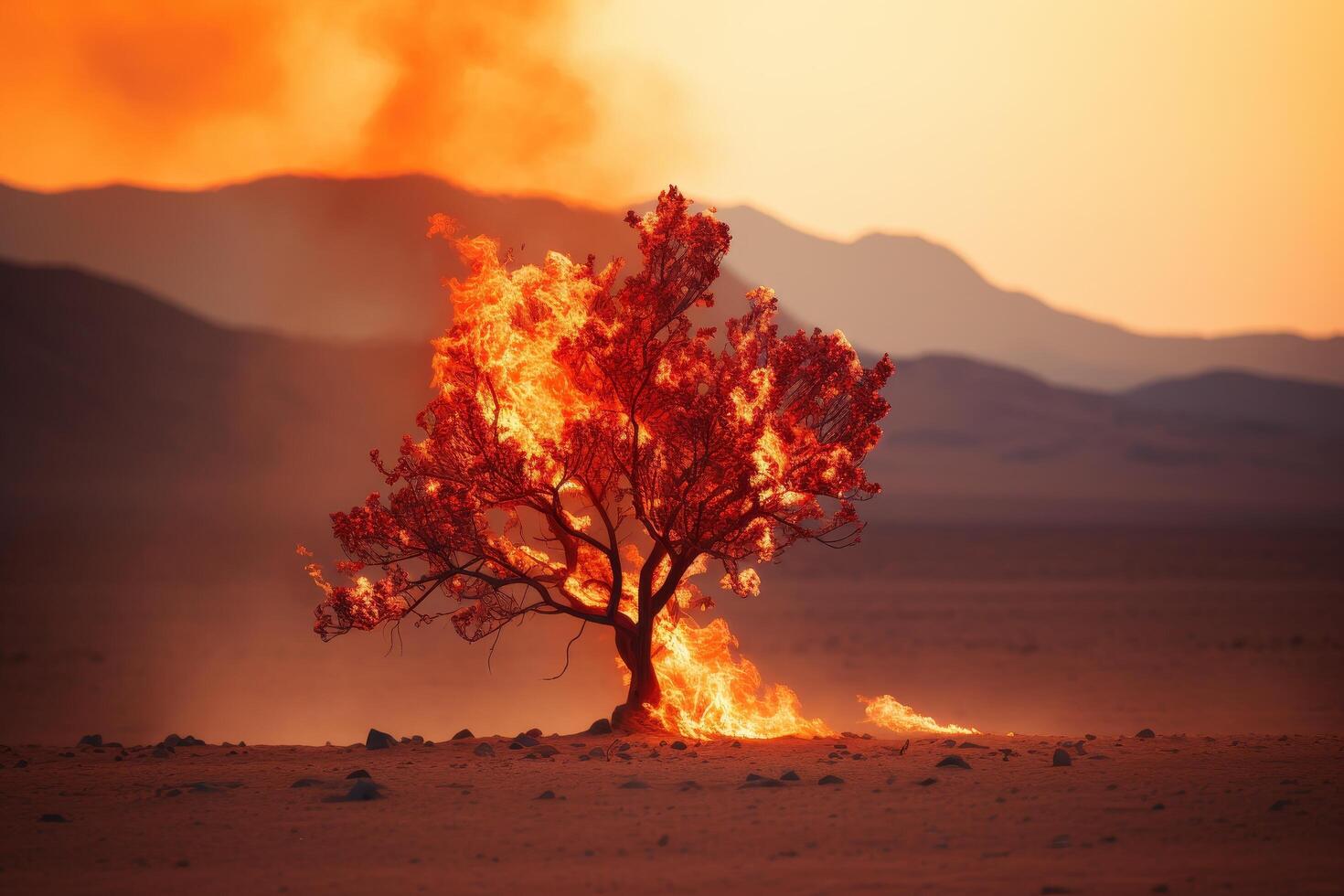Dramatic fiery tree in desert landscape photo