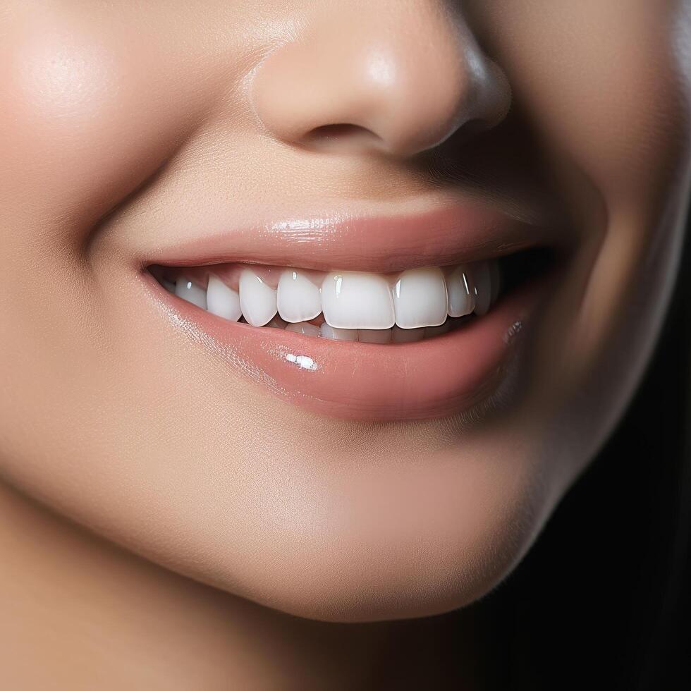 Close up of a smiling womans lips and teeth photo