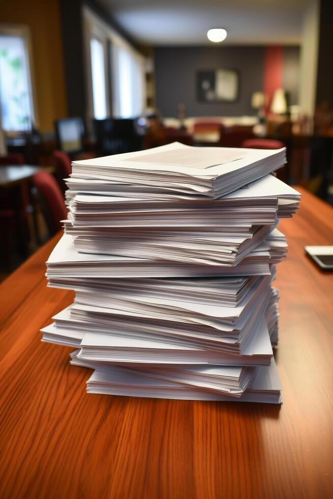 Stacks of paperwork on a wooden desk in an office photo