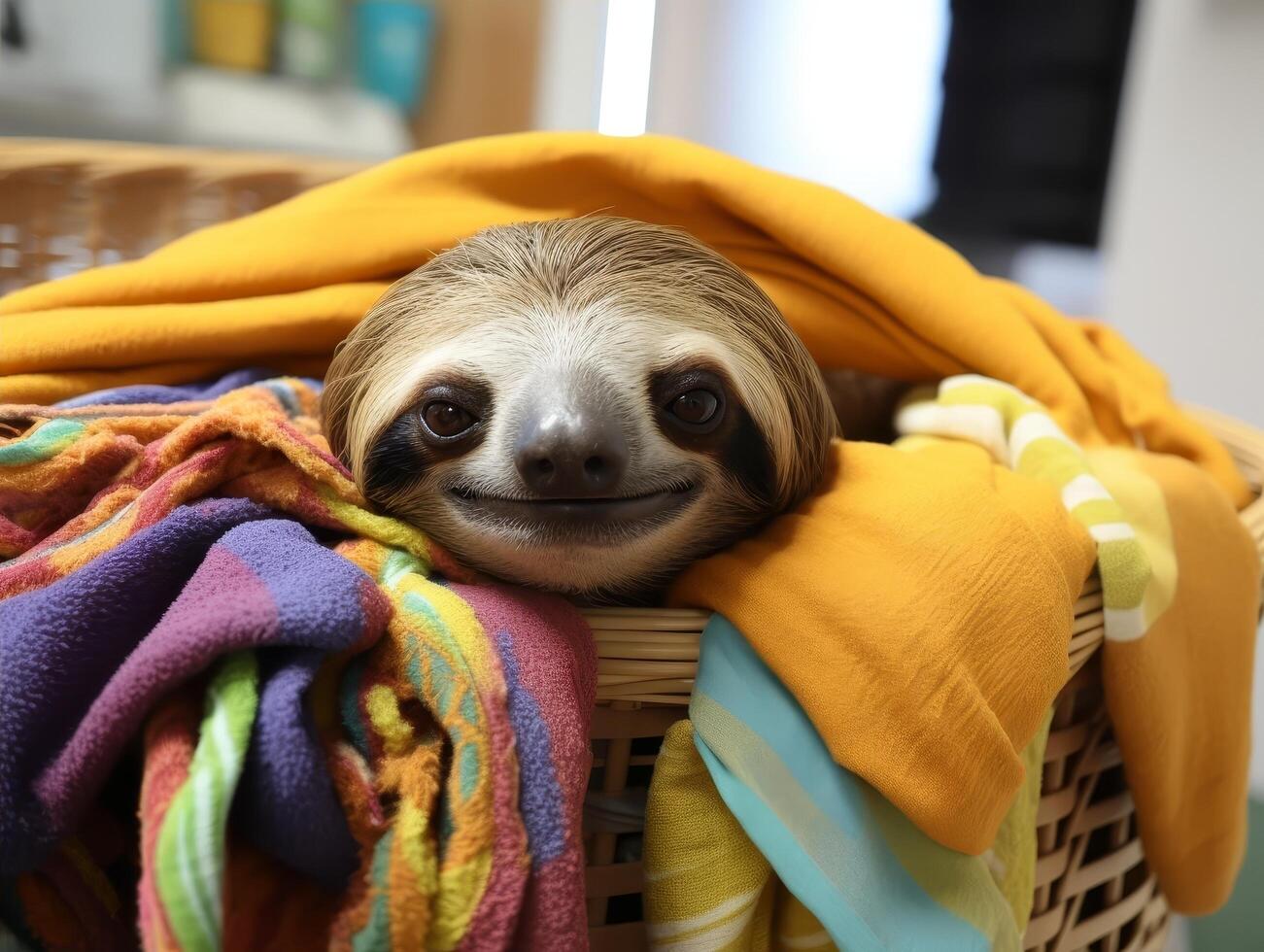 Smiling sloth peeking out from colorful blankets photo