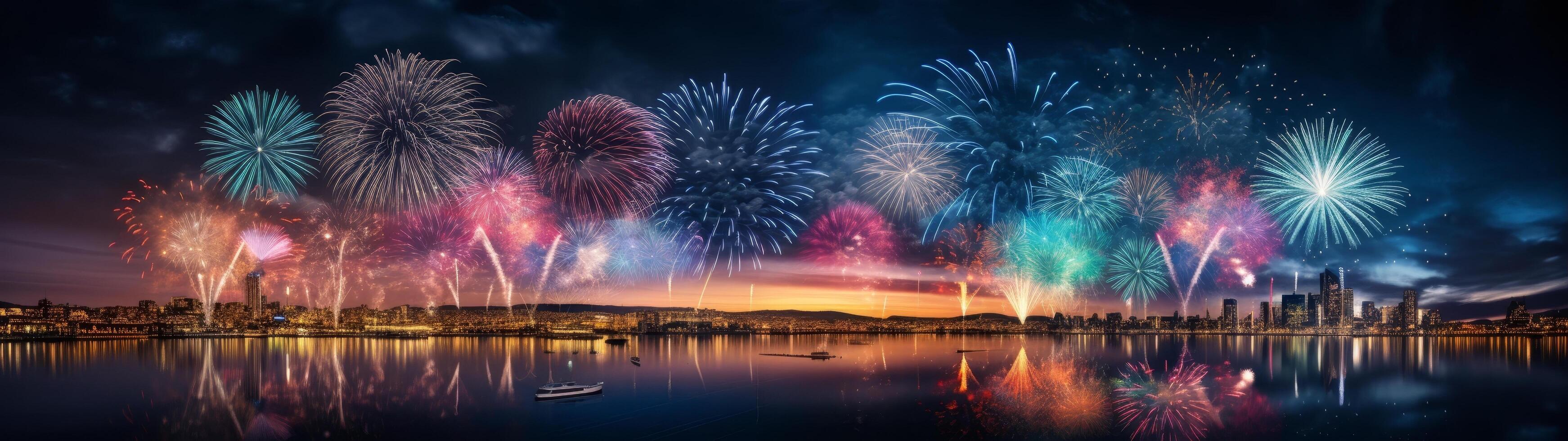 Vibrant fireworks display over a city skyline photo