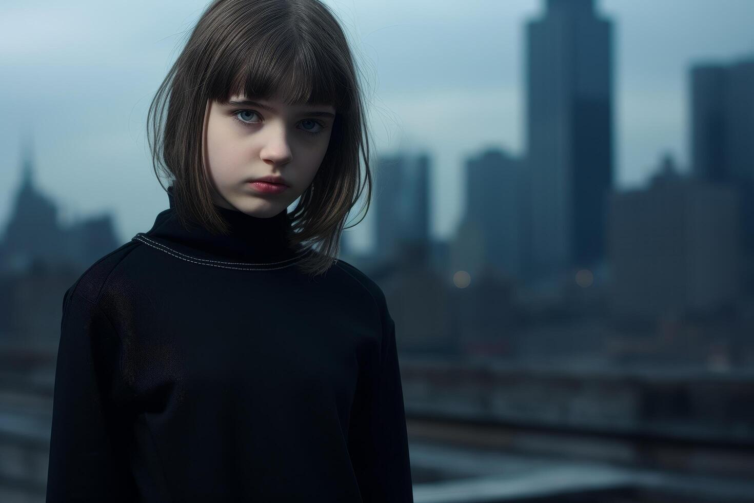 Serious young girl in black coat looking at camera photo