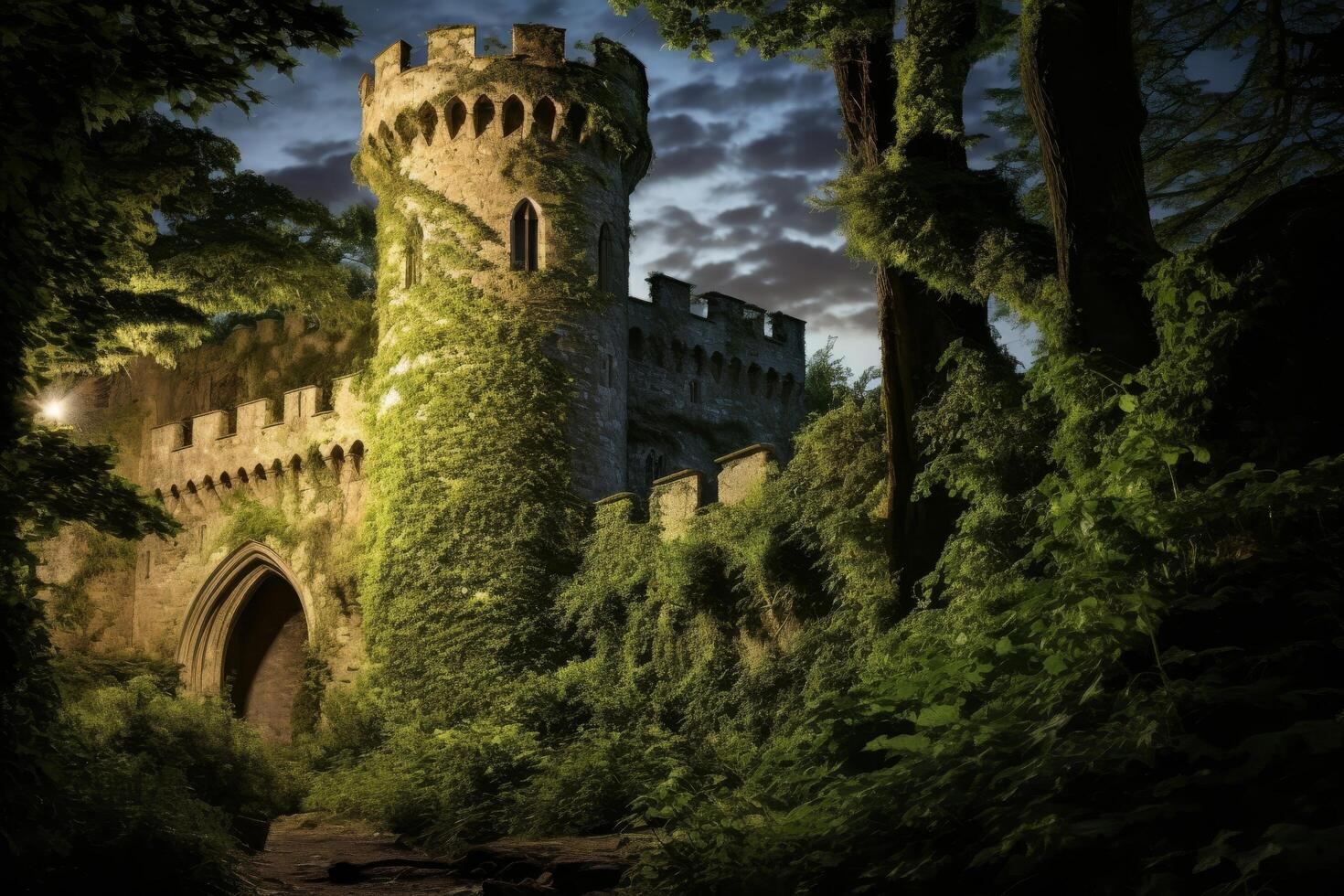 Enchanting medieval castle in lush green forest photo