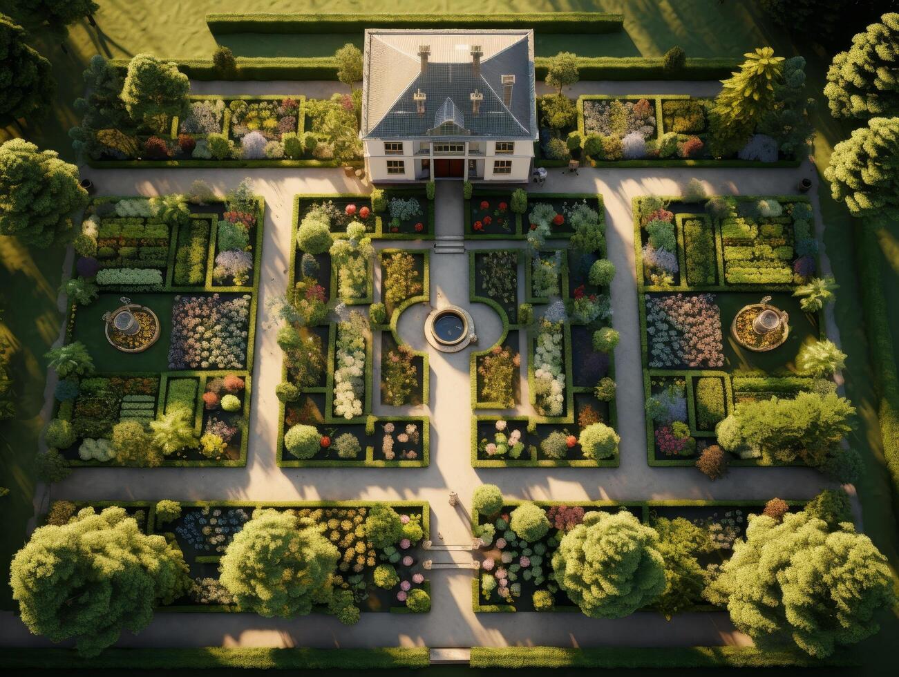 Ornate formal garden with manicured hedges and colorful flowers photo