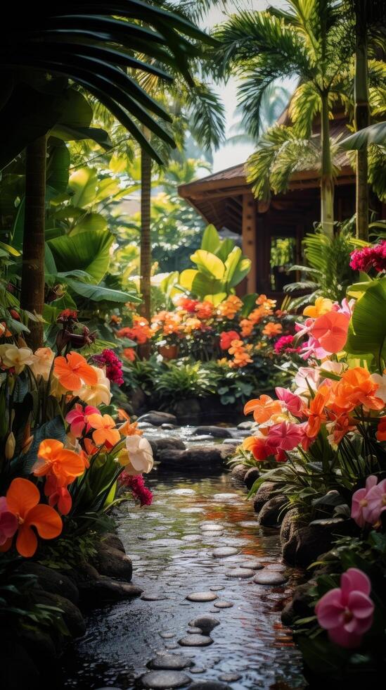 Vibrant tropical garden path with colorful flowers photo