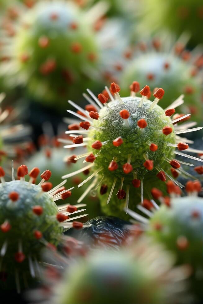 Closeup of a green and red virus particle photo