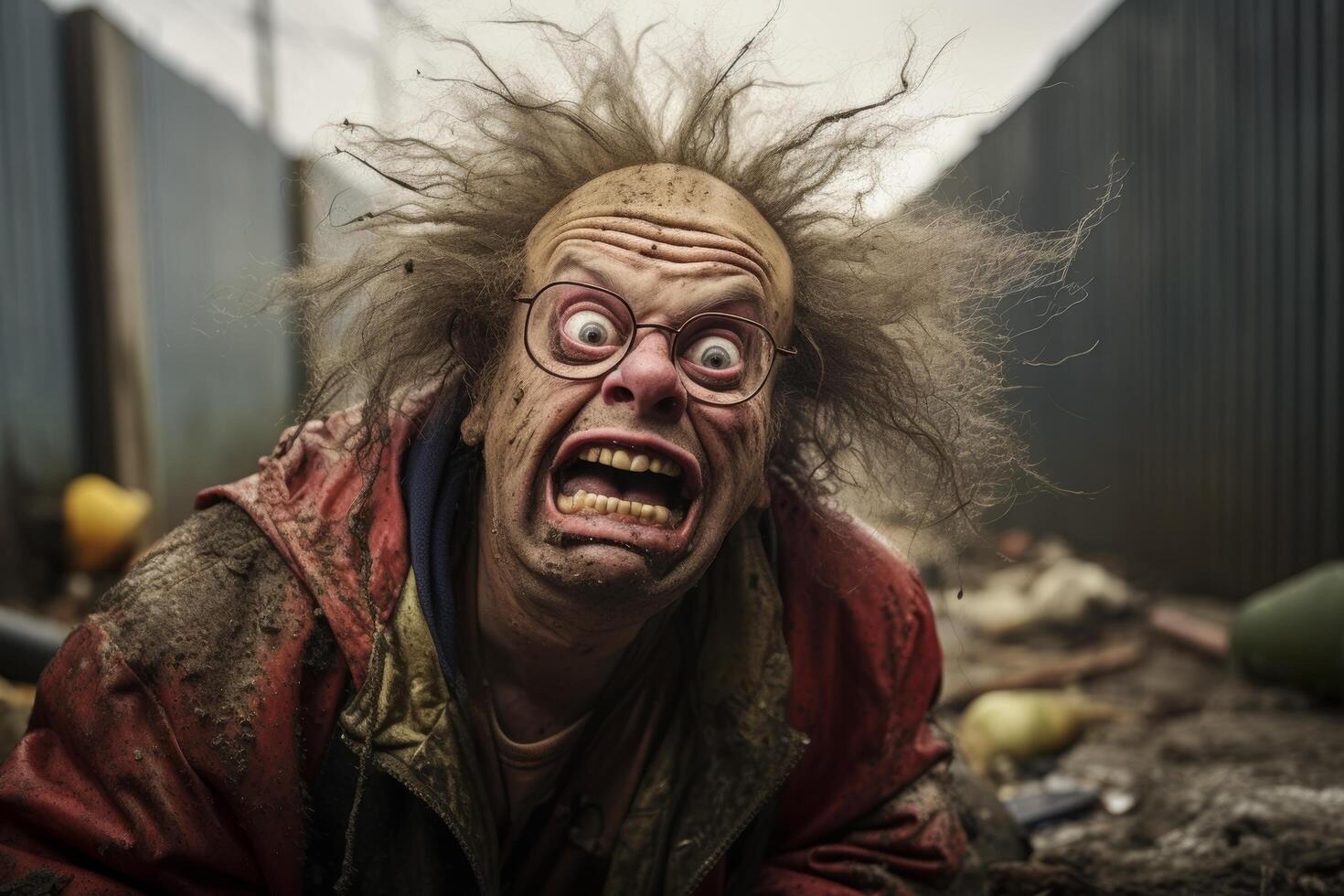 Frightening and comical creature with wild hair and exaggerated expression photo