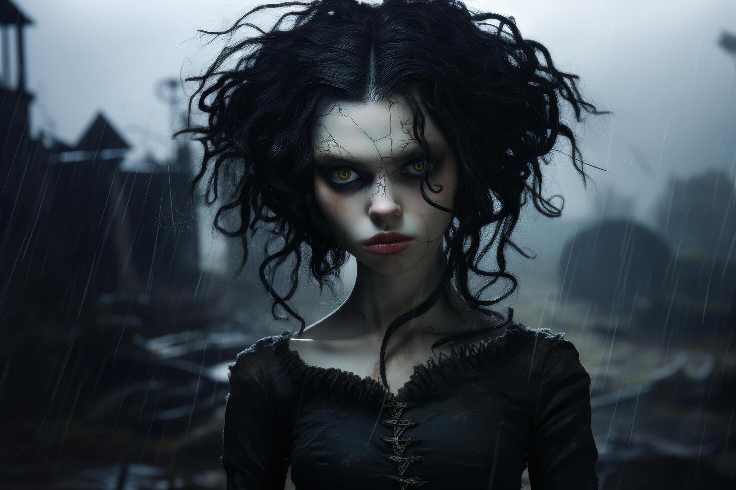 Mysterious gothic woman with dark curly hair and piercing eyes photo