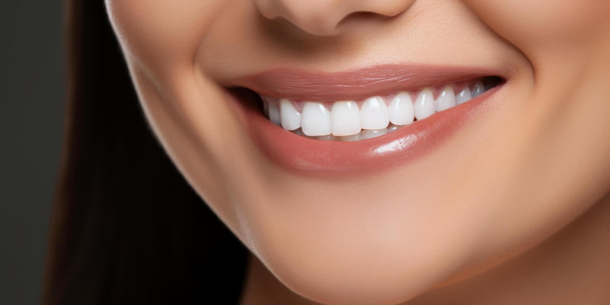 close up of a smiling womans mouth with perfect white teeth photo