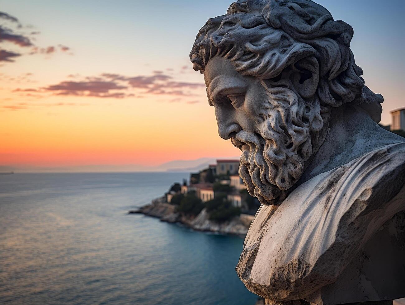 ancient greek statue overlooking scenic sunset coastline photo