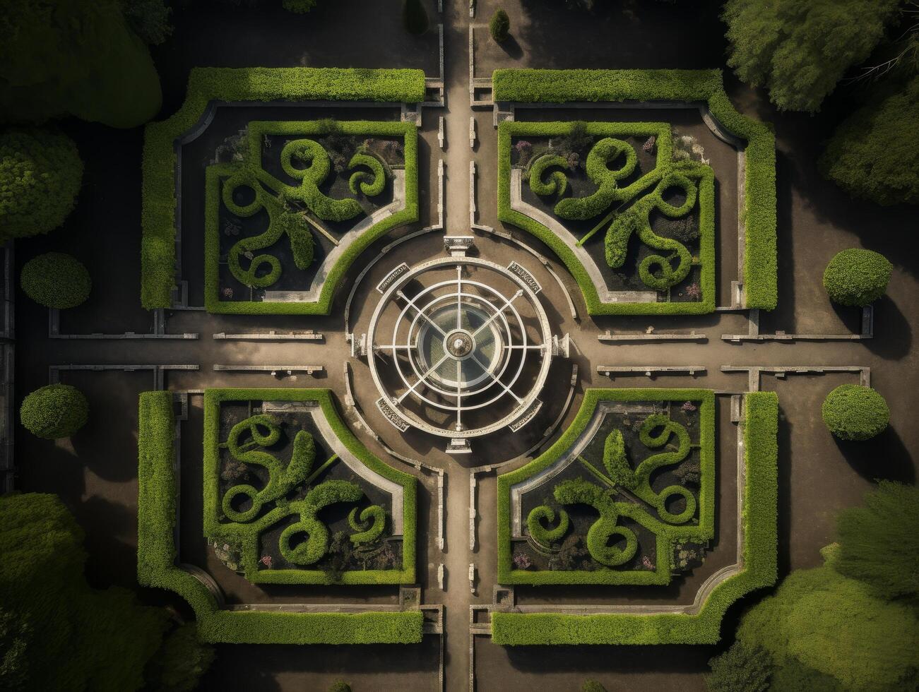 Ornate garden fountain with symmetrical design and lush greenery photo