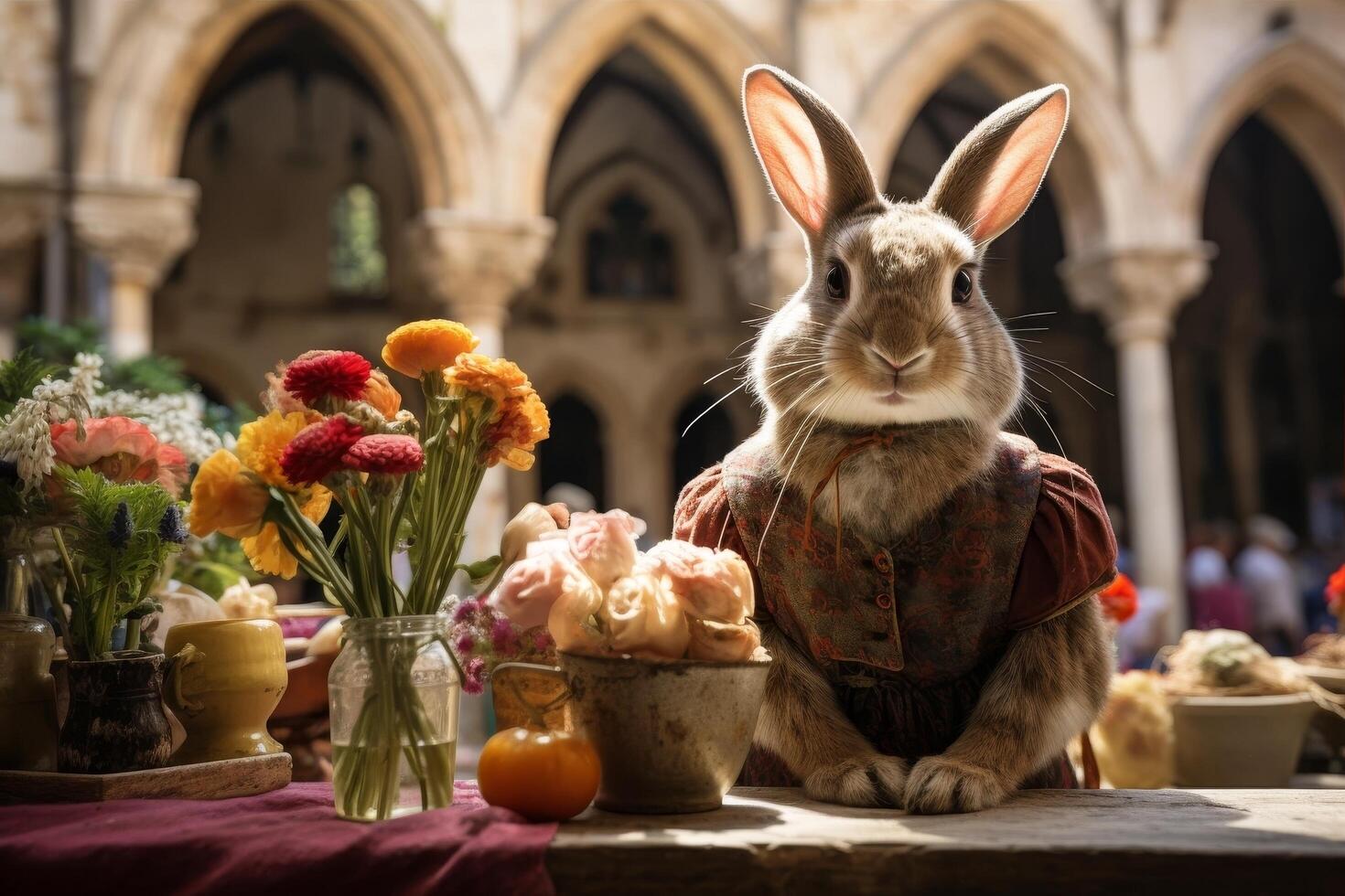 Rabbit in medieval attire with flowers and pastries photo