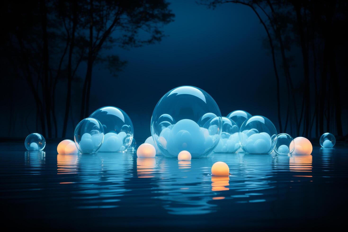 Surreal water reflection with glowing orbs photo