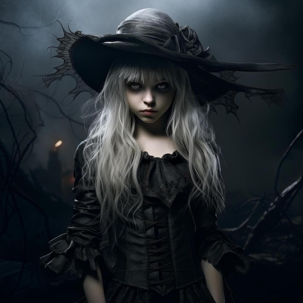 dark gothic woman in black dress and hat photo