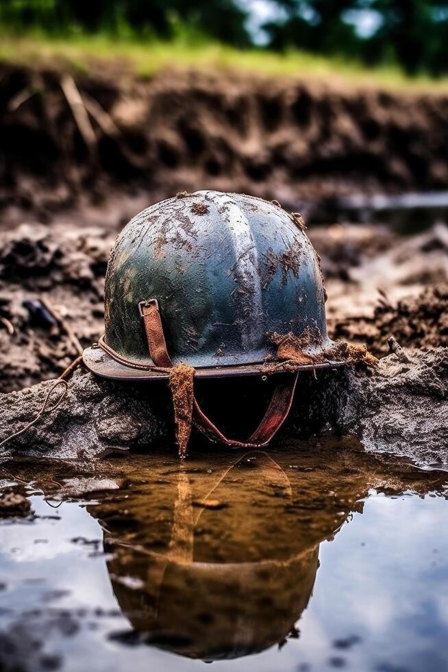 Abandoned hardhat in muddy field photo